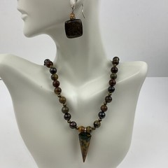 Vtg Genuine Jasper Hexagonal Pyramid Pendant Necklace Earring Set Earth Tones