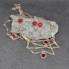 Vintage Gold Tone Red Resin Station Necklace Bezel Set Dangle Link