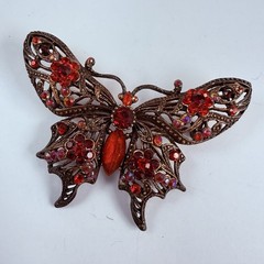 Vintage 90s to More Modern Red AB Rhinestone Copper Tone Butterfly Brooch