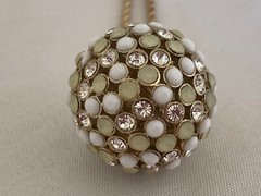 Vintage Rhinestone, White and Green Lucite Sphere Pendant Gold Tone Necklace-24″