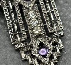 Vintage Art Deco Style Silver Tone Brooch Purple Amethyst Rhinestone Pin