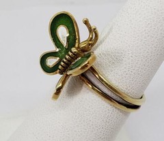 14k Yellow Gold White Green Enamel Butterfly Ring Vintage Size 6.5 R190
