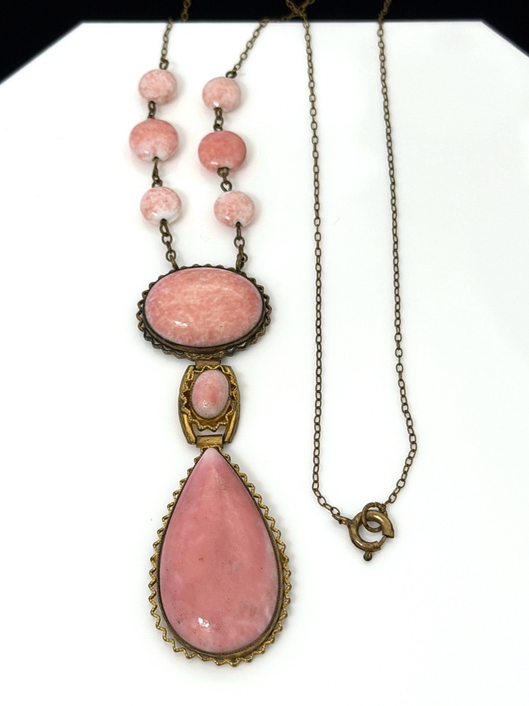 Antique Vintage 1930s Signed CZECH Art Deco Pink Peking Glass & Brass Necklace