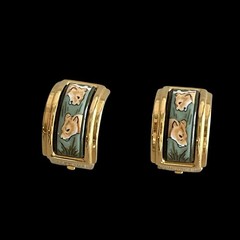 VTG Hermes Lion Motif Enamel Clip-On Earrings Cloisonne Gold Plated w/Box Used