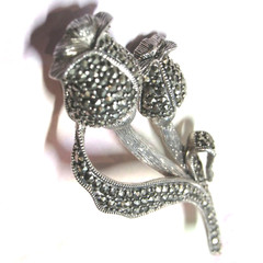 Genuine Solid Sterling Silver with Marcasite Stones Tulip Leaf Flower Pin 14.5g