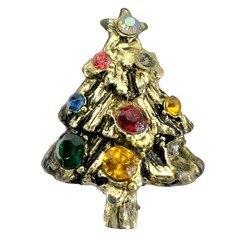 Vintage Rhinestone Gold Tone Christmas Tree Brooch with Matching Earrings