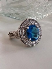 Vintage Art Deco London Blue Topaz CZ Halo Cocktail Ring Size 7 Sterling Silver