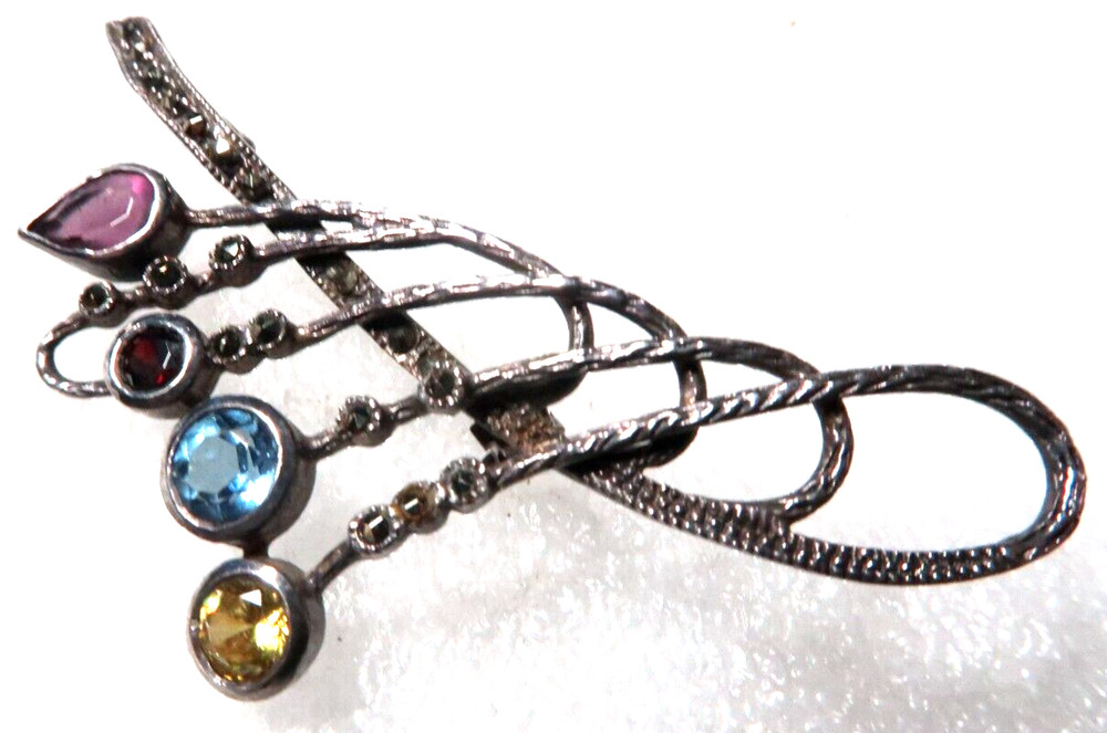 VINTAGE STERLING SILVER MULTI COLOR STONE W/ MARCASITE PIN BROOCH ~ SIGNED: 925