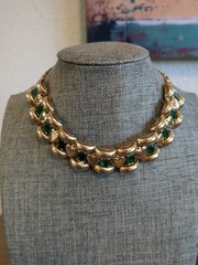 Vintage Heart Collar Link Necklace Faux Emeralds Valentine’s Day Necklace