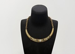 Vintage Gold‑Tone Ornate Statement Necklace | Scrollwork Bib Design Faux Pearl
