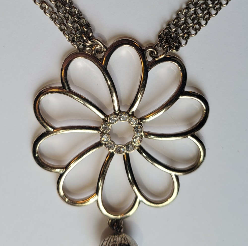 Gold Tone Flower Pendant Three Strand 28in Necklace With Chain Tassels Vintage