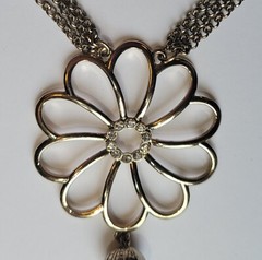 Gold Tone Flower Pendant Three Strand 28in Necklace With Chain Tassels Vintage