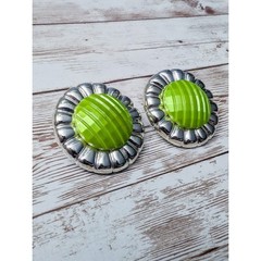 Vintage Clip On Earrings – 1 & 5/8″ Silver Tone & Green with Design Large