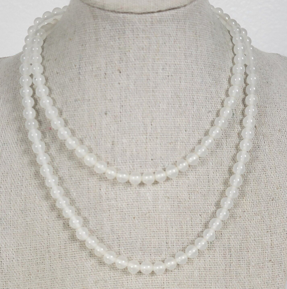 Vintage Translucent White Glass Beaded Necklace 30 In Sprint Ring Clasp 6.3mm