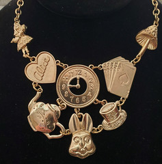 Vintage Alice In Wonderland Gold Tone Bib Necklace T Cup T Pot Rabbit Mushroom