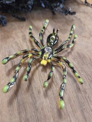 Jeweled Spider Brooch Gold Tone Enamel Green/ Black Large 3.5 in