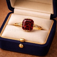 Asscher Cut Garnet Solitaire Engagement Ring, 14K Yellow Gold Finish Gift Ring