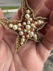 vintage signed KRAMER OF NY PIN BROOCH FAUX PEARL CORNELIAN RHINESTONES