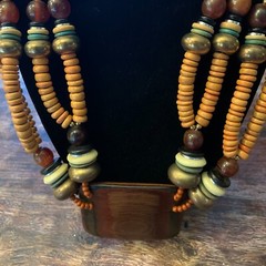 Vintage Tibetan tribal-style necklace. Fruitwood Golden Horn Bone. 21″