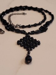 Vintage Black Faceted Bead Necklace Teardrop Pendant Gothic Formal 18″