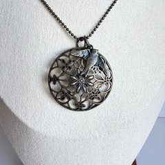 Vintage Copper Bird Necklace Floral Filigree Pendant Ball Chain Boho Statement