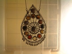 Large Vintage Silver/Bi Metal Gemstone Pendant Chain Necklace India Filigree 5″