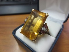 Vintage 14KT Solid Yellow Gold Huge (26mm x 17mm) Yellow Topaz Ring w/ Ruby & Di