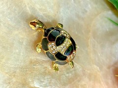 4.5”CM GOLD TONE BLACK ENAMEL & CRYSTALS TURTLE BROOCH