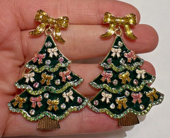 NWT Sugarfix Huge Christmas Tree Enamel Bow Rhinestones Dangle Stud Earrings