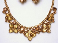 Signed Vintage Antique EDLEE DEMI PARURE brown floral Molded Glass Rhinestones