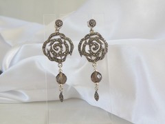 Vintage Sterling Silver 925 Floral Smoky Quartz Marcasite Drop Dangle Earrings