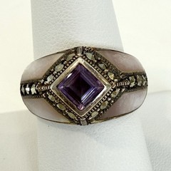 Vintage Estate Sterling Silver Amethyst Marcasite Mother of Pearl Ring size 8.5