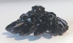Vintage Japanned Domed Round Black Glass Stone Brooch w Swirl Outer Edge 2″