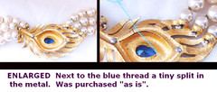 Vtg Signed JOMAZ 3 STRAND fauxPEARL NECKLACE Peacock Feather motif/Faux Sapphire