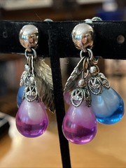 Vintage Napier Cumquat Blue Pink Dangle Drop Clip On Earrings Silver Tone Pat #