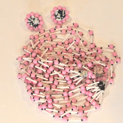 VTG Pink White Black Beaded Necklace and Clip‑On Earrings Set Multi‑Strand Japan