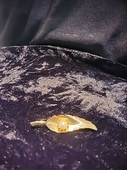 Vintage Gold Tone Brooch Leaf Feather White Bead Prong Ornate Jewelry Costume