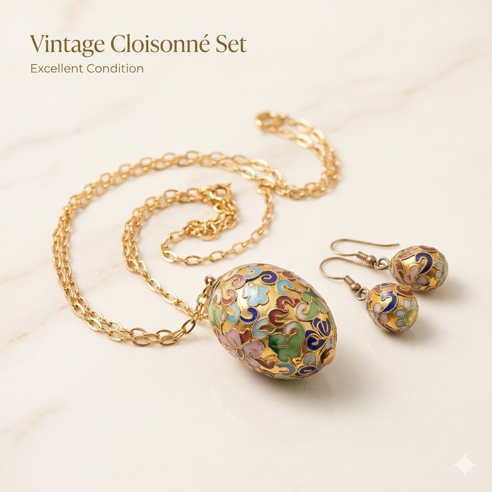 Vintage Chinese Cloisonné Enamel Egg Pendant Necklace & Earrings Set Gold Tone
