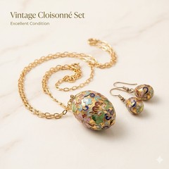 Vintage Chinese Cloisonné Enamel Egg Pendant Necklace & Earrings Set Gold Tone