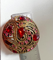 Unsigned LaRoco Textured Brass Pink & Cranberry Austrian Crystals Brooch 1950s