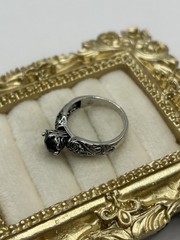 Vintage Gothic Black Stone Ring Size 7 Silver Tone Scroll Filigree Victorian