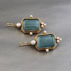 Vintage Blue Topaz Intaglio Crystal Dangle Earrings Antique Style Jewelry