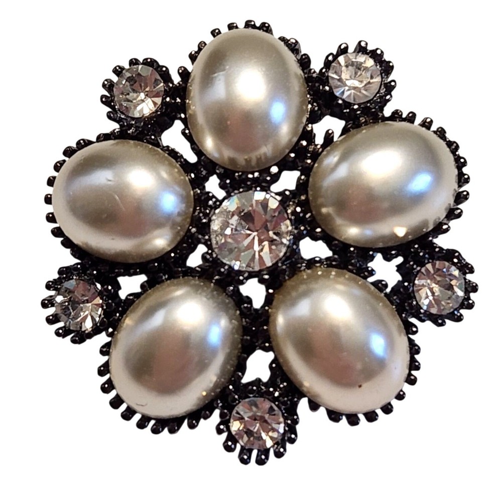 Vintage Bead Elegance Dark Metal Brooch With Faux Pearls & Clear Stones Jewelry