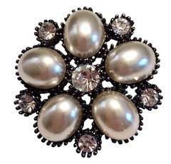 Vintage Bead Elegance Dark Metal Brooch With Faux Pearls & Clear Stones Jewelry