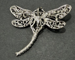 Red Rhinestone Dragonfly Brooch Pendant Faceted Center Stone Silver Tone 2.5″