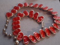Vintage red celluloid stylized leaf abstract necklace, 16″, articulated