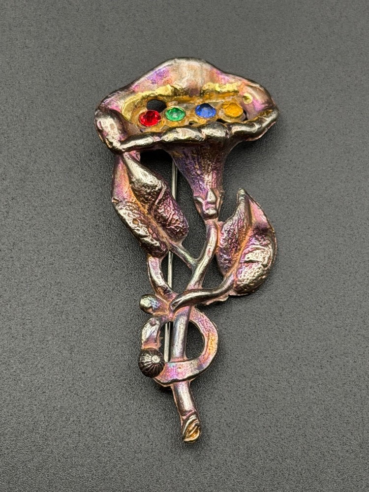 Art Deco 30-40s Era Rainbow Pot Metal Brooch Calla Lily Flower S in Star Mark