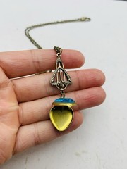 Vintage Art Nouveau Lavalier Pastel Blue Mini Heart Love Photo Locket Necklace