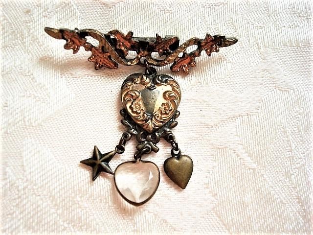 Victorian Inspired Ivy Leaves Bar Pin Brooch With Star Hearts Drops Dangles KJ