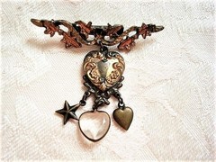 Victorian Inspired Ivy Leaves Bar Pin Brooch With Star Hearts Drops Dangles KJ